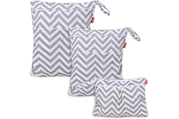 Damero Sac à Couche de Bébé à Fermeture Eclair Etanche Réutilisable Lavable 3pcs Chaque Paquet Sac à Couches Organiseur des Couches, Chevron Gris
