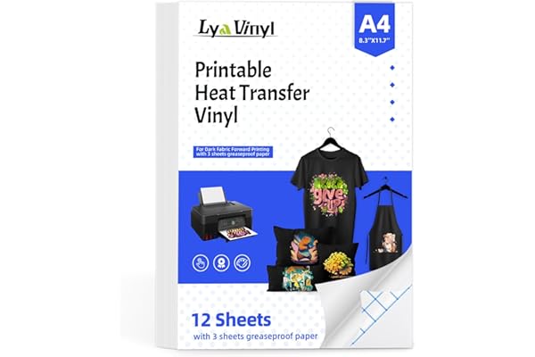 Lya Vinyl Transferible para Camisetas, 12 Hojas - Papel Transferible Imprimible de 8,5" x 11" para Impresoras de Inyección de Tinta - 12 Hojas de Papel Transferible por Plancha para Colores Oscuros.