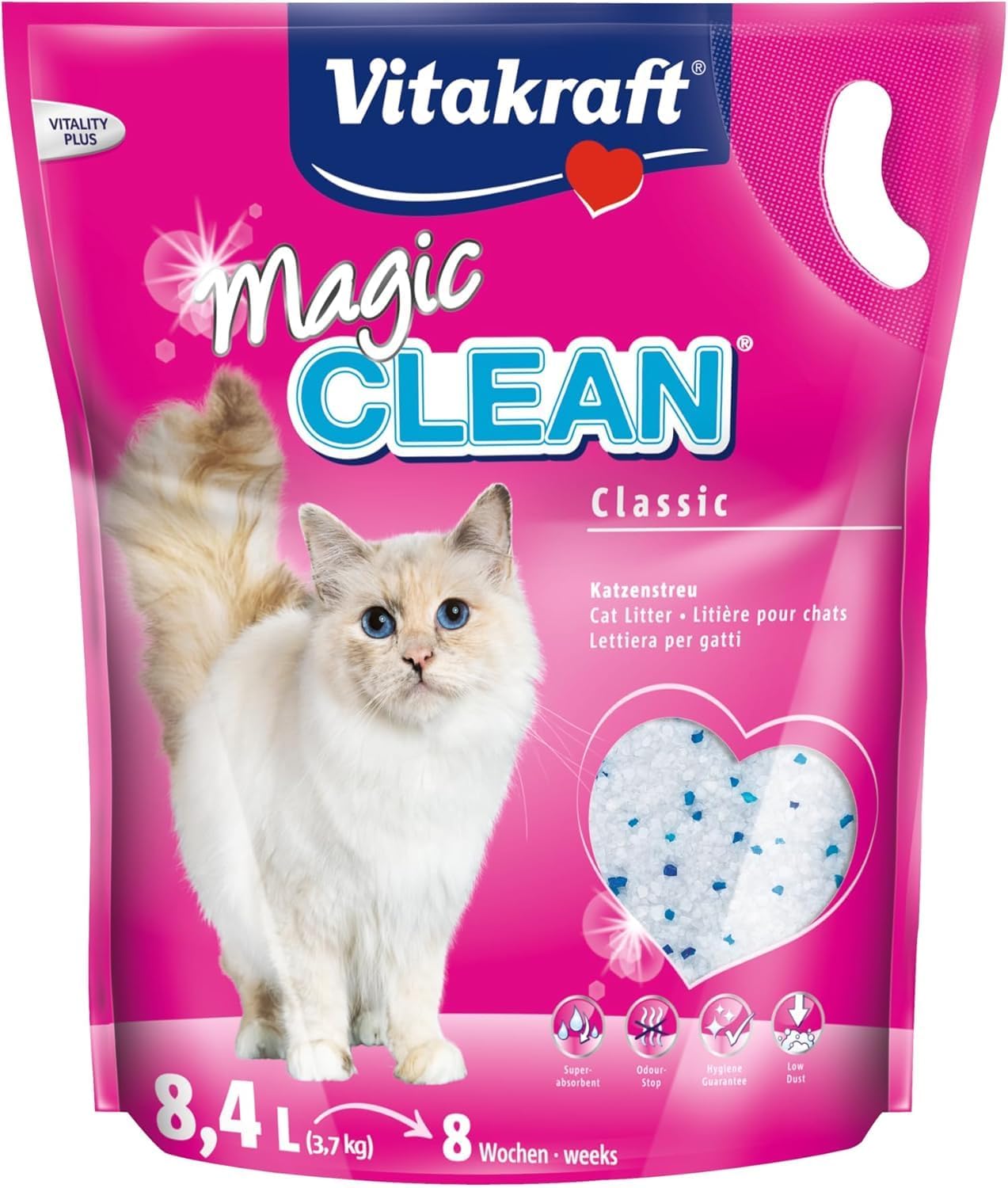 Vitakraft Magic Clean Classic, Arena no aglomerante para Gatos, Fabricada con microesferas minerales, inhibe Las bacterias, Especialmente Baja en Polvo, Tiene una duración de 8 semanas (1x 8,4l)