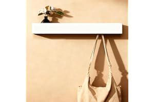 WJUAN 60cm Attaccapanni da Parete con Mensola, 7 Ganci Nascosti, Appendiabiti in Legno e Metallo, Ganci Discreti per Ingresso, Camera da Letto, Bagno e Soggiorno, Appendivestiario Bianco