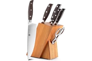 XINZUO 7 Pièces Ensemble de Couteaux de Cuisine avec Bloc en Bois, Acier Inoxydable 1.4116 Allemand Set Couteaux de Cuisine, Ciseaux de Cuisine Multifonctionnels, Professionnel Couteaux de Chef