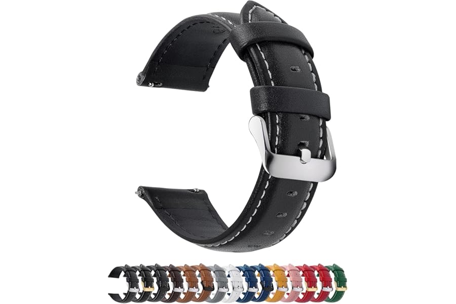 Fullmosa Watch Strap, Genuine Leather Watch Straps with Stainless Metal Clasp, Quick Release Replacement Bands, 14mm 16mm 18mm 19mm 20mm 22mm 24mm, Black