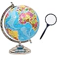Magicwand【12 Inches ht Chrome with Magnifier】Political Educational Laminated Rotating World Globe with Metal Base