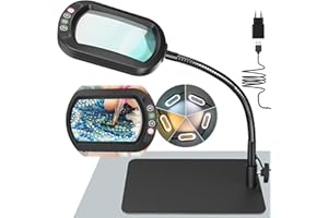 Drdefi 10X Rectangle Lupe mit Licht und Ständer, Echtes Glas Lupenlampe, 5 Farbmodi Stufenlos Dimmbar, Flexible Schwanenhals LED Beleuchtete Schreibtischlampe, Freihändige Lupenleuchte für Lesen Hobby
