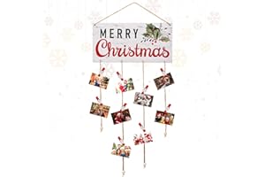Toekt Christmas Card Holder Wooden Merry Christmas Wall Hanging Picture Holders with 30 Snowflake Wooden Clips Picture Holder for Holiday Décor - Rustic Home Office Wall Decor (White)