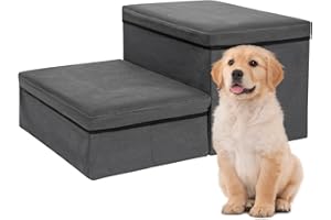 AKOZLIN Dog Stairs with Storage 2 Steps Foldable 2-in-1 Pet Stairs Extra Wide Pet Ramp Pet Ladder Pet Steps for Small to Large Dogs Cats, Dark Grey