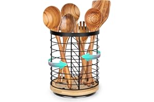 AUSYDE Uchwyt na przybory kuchenne, obrotowy uchwyt na przybory, stal nierdzewna + drewniana podstawa, oddychający i łatwy do wysuszenia, duży uchwyt na przybory kuchenne, czarny