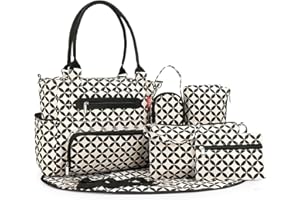 SONARIN 7er-Set Baby Wickeltasche,Multifunktionale Babytasche Mutter Windeltasche Reise Umhängetasche Tragetasche Handtasche mit Flaschentasche Wickelunterlage & Kinderwagen Haken(Schwarz & Weiß)