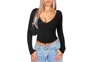 Navneet Women V Neck Long Sleeve Tops Lace Going Out Top Low Cut Basic Tops Sexy Party Top Fall Outfits