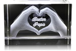VIP-LASER 3D Glas Kristall mit Gravur I Herz aus zwei Händen I Text: Bester Papa! I Das tolle Geschenk zum Vatertag, Geburtstag oder Weihnachten