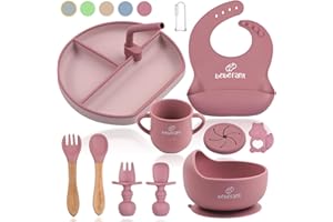 Baby Weaning Set by Bebefant™, Suction Bowl, Suction Plate Baby, Cup, Adjustable Bib with Pocket, Bamboo Fork & Spoon for Baby Led Weaning, Baby Feeding Set (Large Pink)