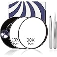 Magnifying Mirror, 30X Magnifying Mirror with Suction Cup, Compact Mirror with 30X & 20X Magnification Mirror, Travel Makeup Mirror with Precision Tweezers 2pcs, Tweezers for Women Facial Hair 9cm