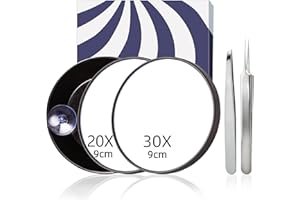 KinzraMira Magnifying Mirror, 30X Magnifying Mirror with Precision Tweezers Set, Tweezers for Women Facial Hair, Compact with 30X & 20X Magnification, 3.5 Inches