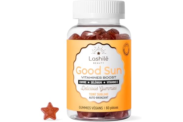 Lashilé Beauty - Complément Alimentaire Solaire - Autobronzant Préparateur & Accelere le bronzage - Good Sun Vitamines - Efficacité Prouvée - Vitamine E & A Bêta-carotène - Cure 1 mois 60 Gummies