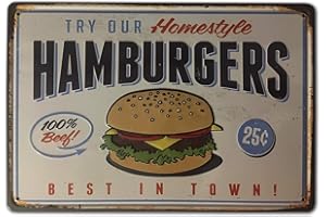 BOEMY Placa Decorativa Retro [ Hamburguers ] | Chapa Metálica Vintage con Relieve | Ideal para Decoración Retro de Vivienda, Bar, Comercio, Hamburguesería | 20x30 cm.