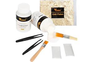 VGSEBA Gilding Adhesive Set, 100ml Gold Leaf Adhesive, 100ml Water Based Varnish, 5g Gold Flakes for Craft, Painting and Arts (200ml + 2 Brushes + 2 Clips+2 Gloves)