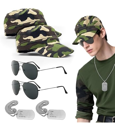 Lot de 4 accessoires de déguisement de l'armée – Accessoires de costume de l'armée d'Halloween avec chapeau camouflage, ceinture de balle, lunettes de