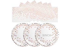 LAWALEISHE 50Pcs Rose Gold and White Paper Plates, Disposable Party Plates and Napkins, 9 Inch Strong Paper Plate, Party Tableware Set for Birthday Bridal Shower Wedding Table Decorations
