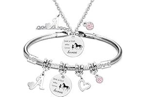 LOCCY Horse Bracelet for Girls, Horse Gifts for Girls, 26 Initial Letters Horse Pendant Necklace Jewellery, Silver Girls and Horse Necklace for Girls, Horsey Things for Girls Horse Lovers