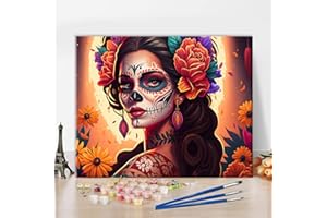 TISHIRON Skull Girl DIY Paint by Number Day of The Dead Paint by Numbers for Adults Beautiful Colorful Flower Art Adult Paint by Numbers Kids on Canvas Paint by Numbers for Adults Beginner 16x20inch