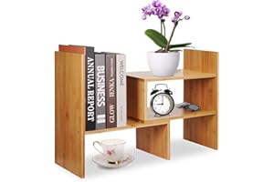Hossejoy Adjustable Natural Wood Desktop Bookshelf Bamboo Desk Storage Organizer Display Shelf Rack, Counter Top Bookcase