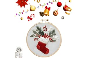 ASSLYE Christmas Embroidery Kit,Beginner Embroidery Kit,DIY Embroidery Kit,Christmas Cross Stitch Kits for Beginners Adults,DIY Needlepoint Kit Set Includes Hoop Cloth Needles Threads (Stocking)