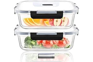 Hcrvvi Food Storage Containers - Food Containers 2 Pcs, with Upgraded Snap Locking Lids, Airtight Glass Containers Set, Meal Prep Containers Reusable, Glass Containers with Lids 1040ml, BPA Free