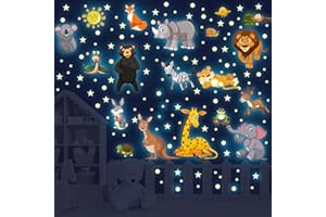 SINEKONG Wandtattoo Dschungel Tiere Wandsticker Leuchtaufkleber Leuchtend Wandaufkleber Leuchtsterne Selbstklebend Tiere Wandtattoo Kinderzimmer Jungen Mädchen Sternenhimmel Aufkleber Schlafzimmer Deko Grün