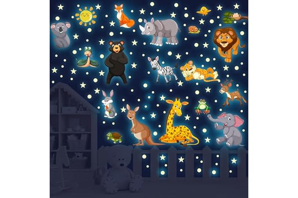Autocollants Lumineux Animaux de la Jungle Stickers Muraux Safari Éléphant Lion Girafe Fluorescentes Autocollant Décoration Murale Chambre Enfants Bébé Pépinière Salon Vert