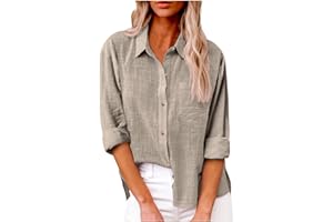 HAOLEI Chemise Femme Coton Et Lin Chemisier Col en V Bouton Manches Longues Tops Couleur Unie LâChe Respirant T-Shirts Grande Taille Pas Cher Casual Coton Lin Tunique Blouse