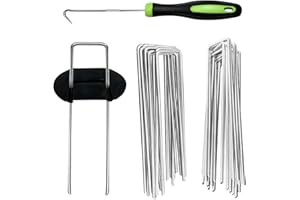 MLZPU 100 Weed Control Membrane Pegs + 100 Buffer Washer + 1 Pick Hook, 6"/150mm U-Shaped Garden Stakes, Ground Pegs for Securing Lawn, Artificial Grass, Matting, and Netting - Galvanized Staples and Pins