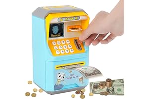 SAIKKL Money Box for Kids, Electronic Piggy Bank for Kids, Password ATM Money Box Cash Coin Saving Box, Auto-Rolling Cash, Blue