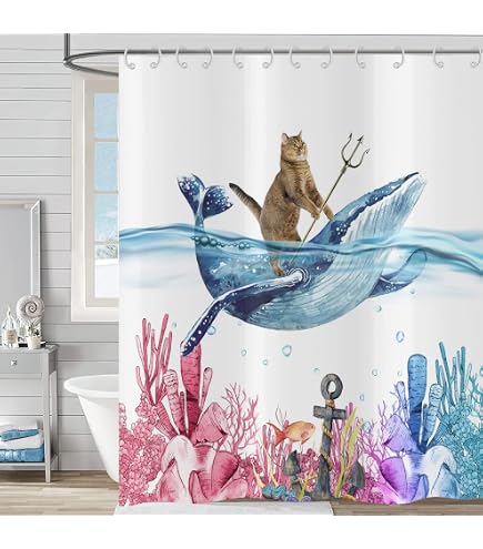 Coxila Lustiger Katzen-Duschvorhang – 183x183 Cm, Polyester, Mit Wal & Ozean-Design, Inkl. 12 Haken