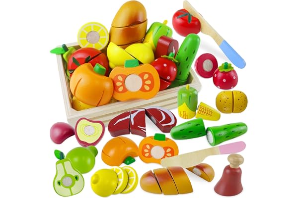Beberolen Jouet Bois Fruit Légume de Coupe pour Dinette Enfant, Cuisine Jeux Accessoire Aliment Nourriture, Jouet Éducatif Éveil Montessori, Cadeau Anniversaire Pâques Halloween Noël Garçon Fille Bébé
