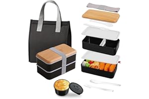 Aiuuee Lunch Box Set, 1400 ml Porta Pranzo con Borsa Termica e Posate, Portapranzo Ermetico per Microonde e Lavastoviglie, Bento Box per Lavoro Picnic Ufficio (Nero)
