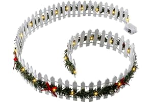 HEBUDY Miniature Christmas Village Fence, 35 in Christmas Decorative Picket Fence with LED Light, Small Wooden Fairy Garden Accessories for DIY Christmas Village Landscape,Dollhouse, Crafts,Plant Pot (White)