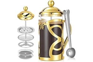 MaxMiuly Cafetiere French Press,Heat Resistant Borosilicate Glass Cafetiere Coffee and Tea Maker,Mini Coffee Press 1 Cup/350ml with Stainless Steel Replacement Filters and Scoop (Gold)