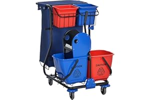 HOMCOM Carrello Pulizie Professionale con Sacco per Immondizia, 2 Secchi Lavapavimenti 18L, 2 Secchio Portaoggetti 6L, Strizzatore per Mocio, Gancio e Ruote per Hotel e Albergo, 93x80x97 cm, Rosso
