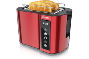 ‎ARENDO Arendo - Touch Toaster 2 Scheiben Edelstahl - Touchpanel - digital Display Restzeitanzeige - 800 W – Doppelwandgehäuse – mit Brötchenaufsatz – 7 Bräunungsgrade – Brotscheibenzentrierung - Rot