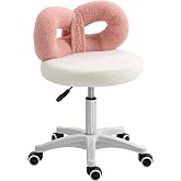 HOMCOM Swivel Stool with Backrest with Wheels 63-77 cm White and Pink | Stool with Wheels, Height-Adjustable, Upholstered in