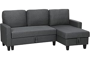 HOMCOM Divano Letto 3 Posti con Chaise Longue Convertibile, Divano Angolare con Vano Portaoggetti, Cuscini Sfoderabili in Tessuto Effetto Lino, per Soggiorno Salotto, 197x129x85 cm, Grigio Scuro