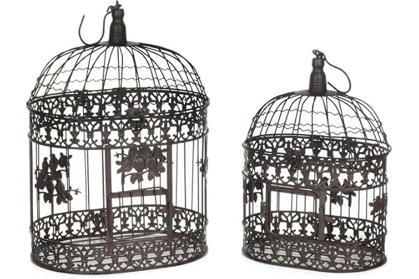 Lot de 2 cages à oiseaux décoratives en métal marron vieilli – Design shabby vintage avec vignes florales, environ 50/43 cm de haut – Décoration à suspendre style maison de campagne pour jardin et