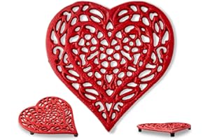 COMFIFY Cast Iron Heart Trivet - Decorative Cast Iron Trivet For Kitchen Or Dining Table - Vintage, Rusted Design - 6.75X6.5" - With Rubber Pegs/Feet - Recycled Metal - Red