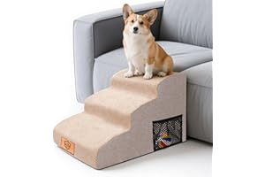 MASTERTOP Escaliers pour Chiens à 3 Marches en Mousse Haute Densité, Échelle Large pour Animaux de Compagnie, Escaliers Chien Antidérapant avec Housse Amovible pour Monter Canapé et Lit (Beige)