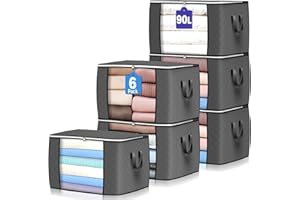 Budding Joy 6 Pack 90L Storage Bags, Large Clothes Storage Bags with Zips Durable Handles Thick Fabric for Clothes, Bedding, Blankets, Comforters and Toys (Grey)