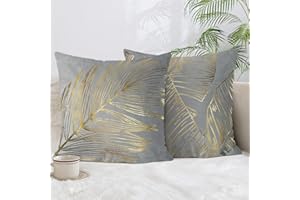Bonhause 2 dekoracyjne poszewki na poduszki 45 x 45 cm, szare, aksamitne, z nadrukiem złotych liści, na sofę, do samochodu, sypialni, do domu i na zewnątrz, zestaw 2 szt