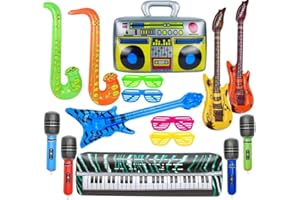 MEIRUIER 16 Stück Aufblasbare Rock Star Toy Set- Aufblasbare Party Props Saxophon Beth Mikrofon,Aufblasbare Gitarre Buntes Aufblasbare Instrumente Party Deko (Set-1)