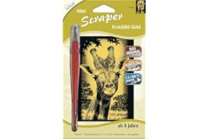 MAMMUT SPIEL & GESCHENK MAMMUT 131005 - Kratzbild, Motiv Giraffe, gold, glänzend, mini, Komplettset mit Kratzmesser und Übungsblatt, Scraper, Scratch, Kritzel, Kratzset für Kinder ab 8 Jahre