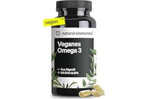 ‎NATURAL ELEMENTS natural elements Omega 3 vegan aus Algenöl - 90 Kapseln - Hochdosiert mit hochwertigem EPA und DHA (in Triglycerid-Form) - Omega-3 für Veganer, Laborgeprüft, nachhaltig und von Natur aus schadstoffarm