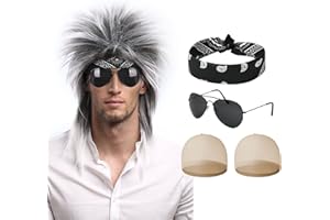 Aomig Pelucas Disfraz Años 80, 5pcs Accesorios, Hippies con Peluca Rizada, Gafas de Sol, Bandana y Redecilla Pelo
